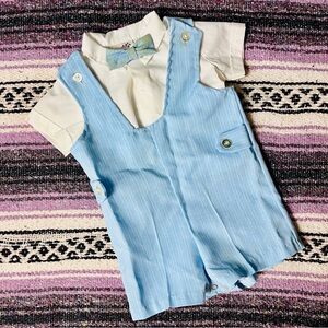 VTG 1980s Light Blue Baby Romper with Button Down Shirt + Bow Tie